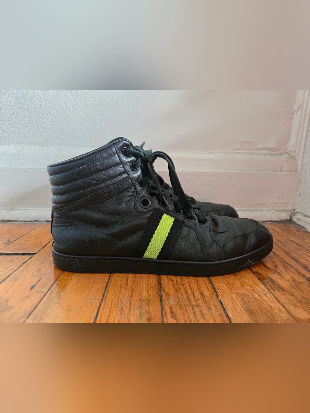 Gucci 10-10.5us GG High Top Viaggio Collection Black Leather Sneakers